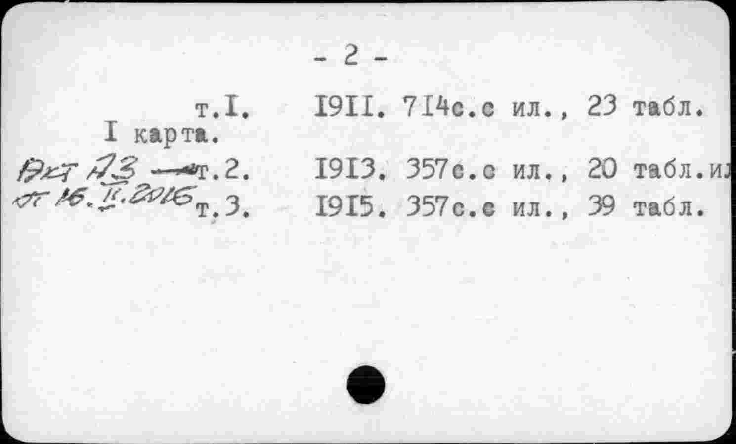 ﻿T. I.
I карта. f?^r	—ч. г.
I9II. 7I4c.c ил., 23 табл.
1913. 357е.с ил., 20 табл.
1915 . 357с.с ил., 39 табл.